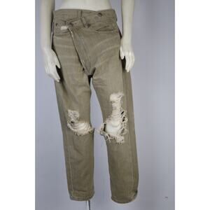Limited R13 Crossover Distressed Jeans Olive Khaki Denim Asymmetrical Waist 24